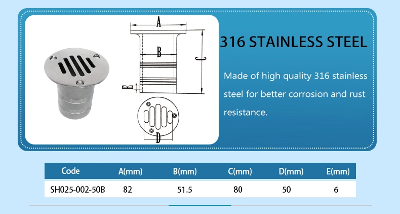 Customized 2 Inch Stainless Steel 316 Boat Bathroom Pool Deck Round Cockpit Drain Scupper Plate Cover Fitting