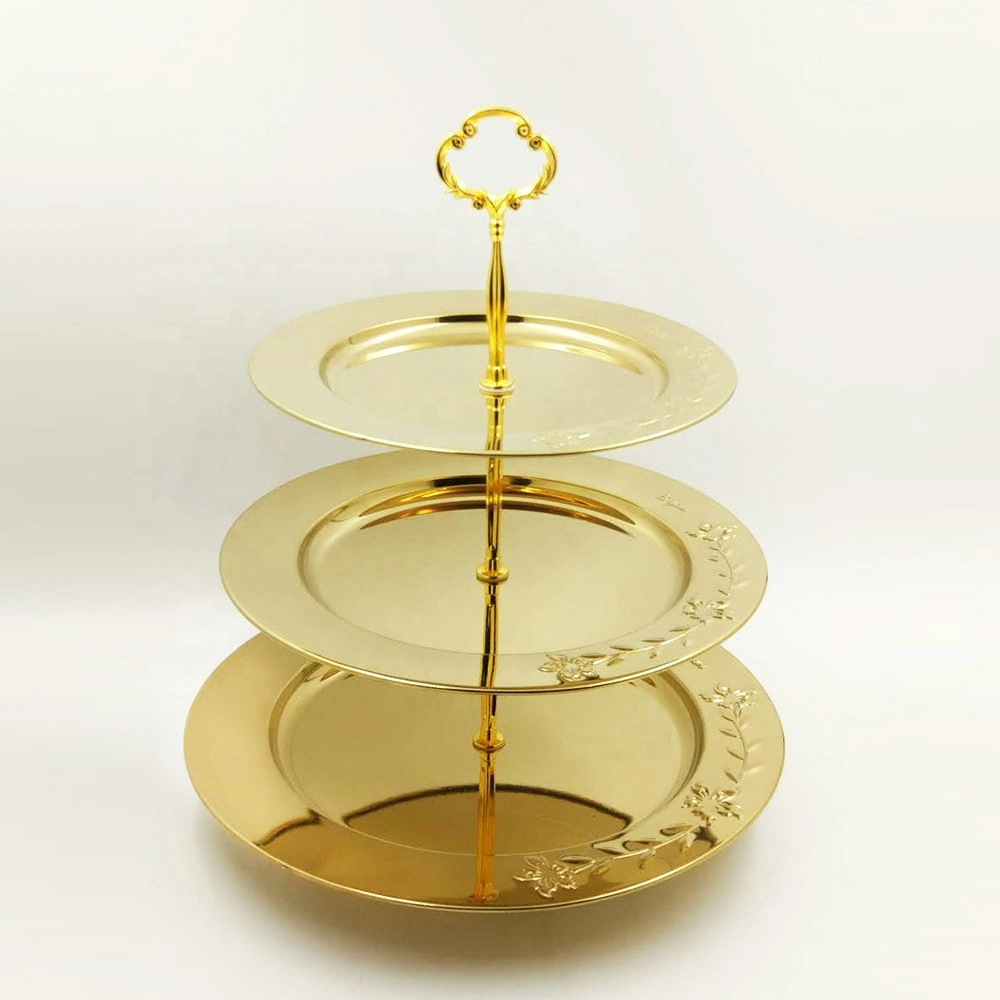Stainless Steel Round Shape Gold Plated Dessert Food Plate Three Tier Fruit Serving Trays Cake Plate