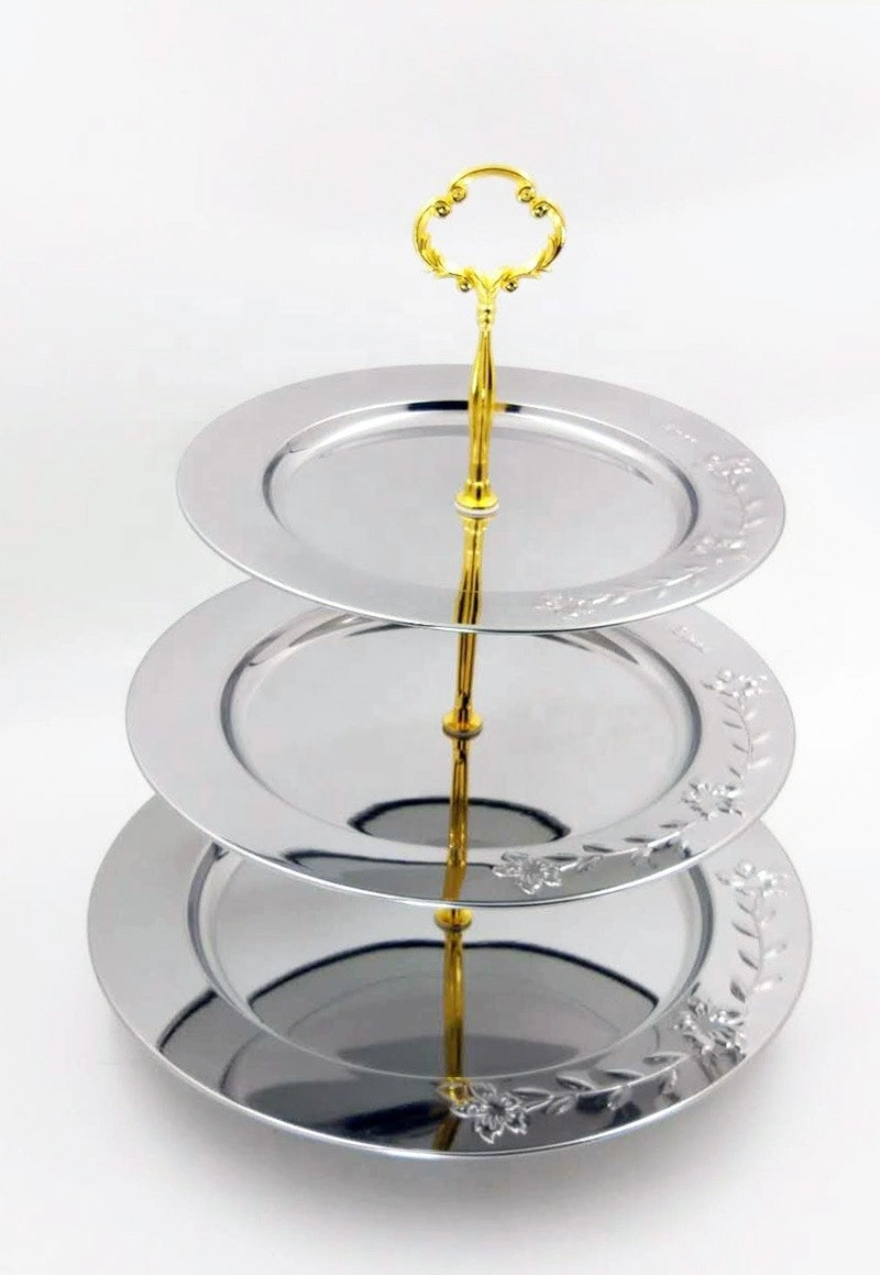 Stainless Steel Round Shape Gold Plated Dessert Food Plate Three Tier Fruit Serving Trays Cake Plate
