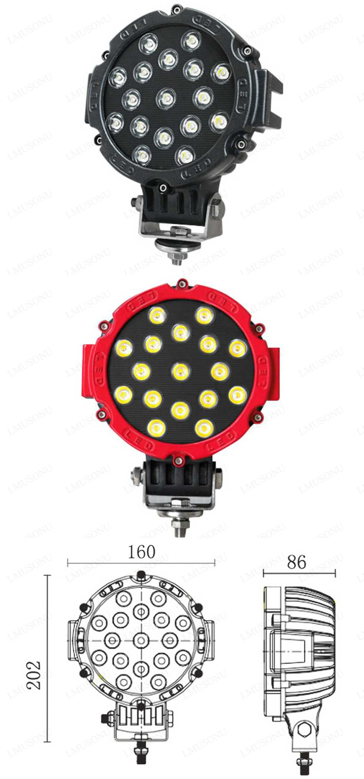 Black/Red 6.3 Inch 51W Round Offroad LED Work Light