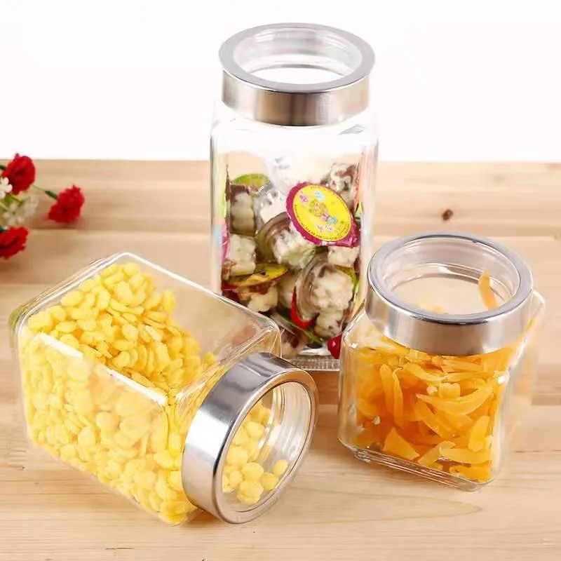 China Manufacturer Round/ Square Shape 4PCS Set Glassware Glass Storage Canister with Ss Lid