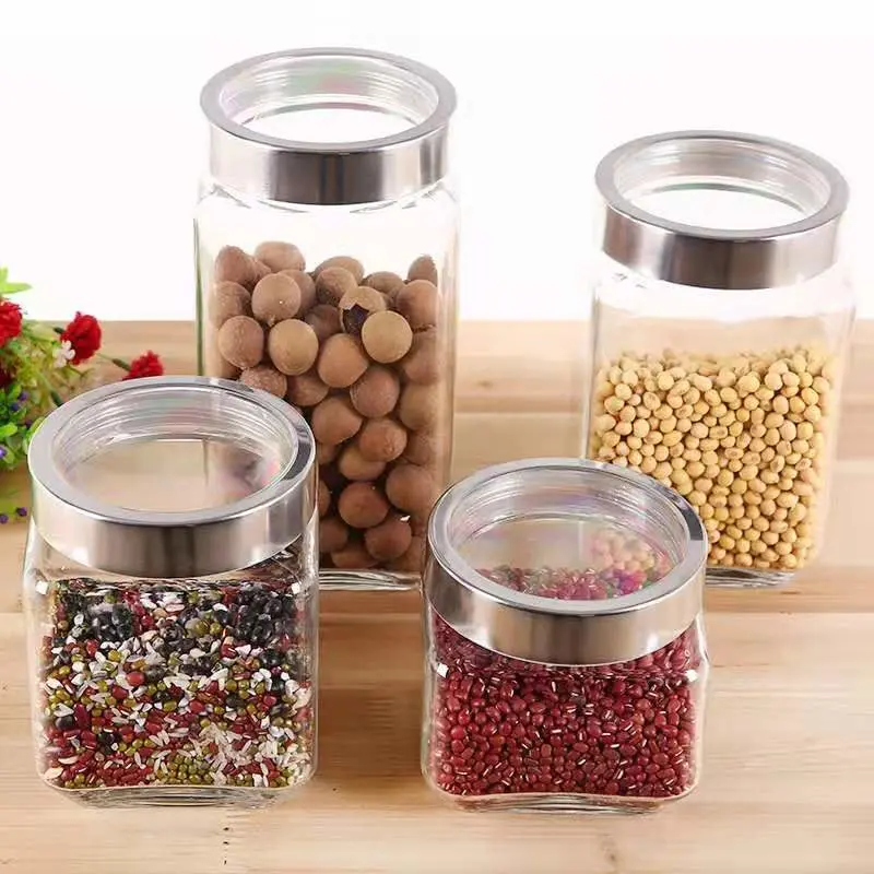 China Manufacturer Round/ Square Shape 4PCS Set Glassware Glass Storage Canister with Ss Lid
