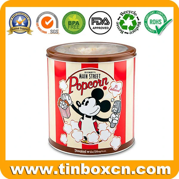 Round Metal Tin Can with Clear Transparent Window for Popcorn