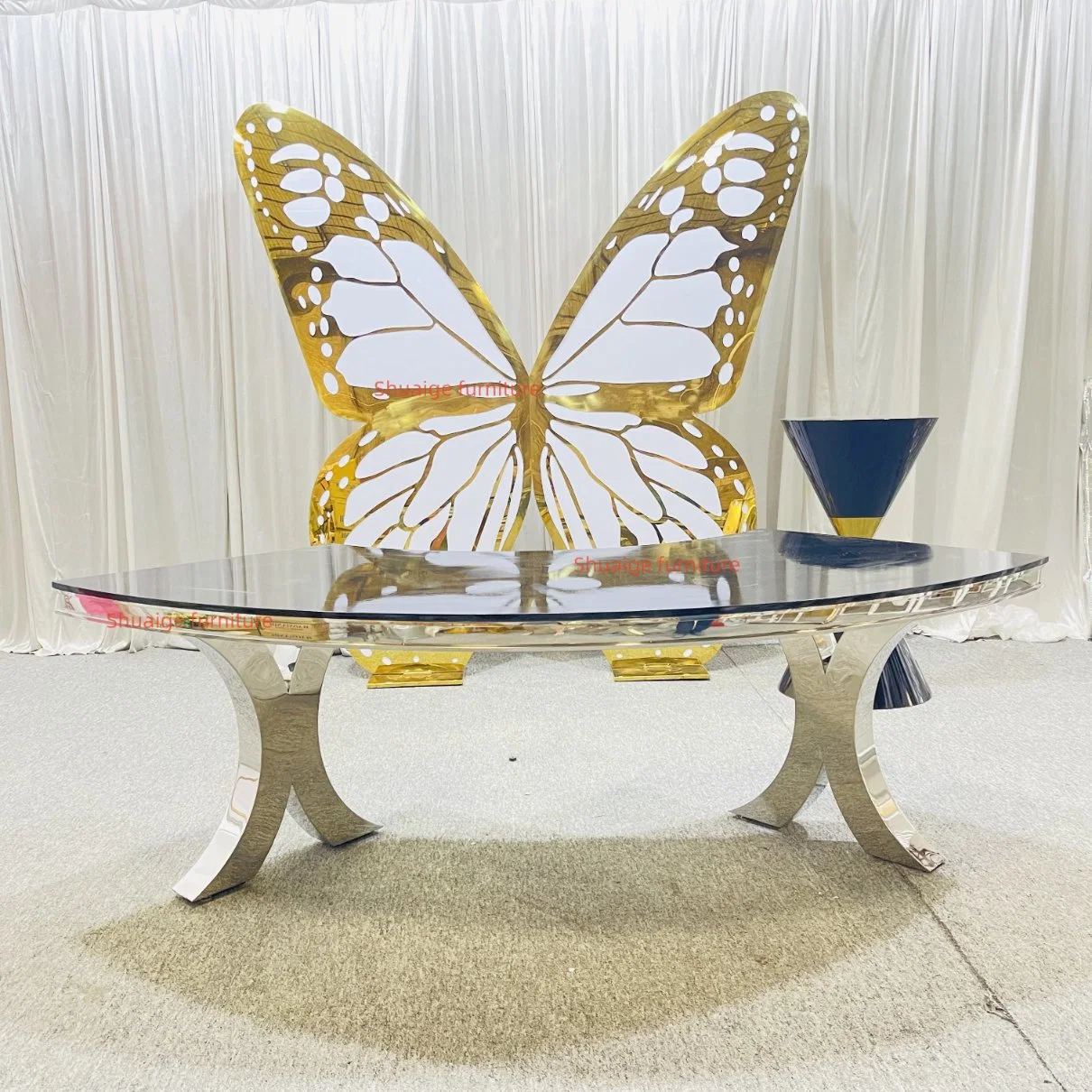  De Oro de la ronda de acero inoxidable Mesas de comedor mesa de bodas con tapa de cristal