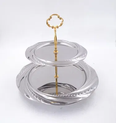 Piastra per alimenti in acciaio inox rotonda placcata oro Dessert tre Vassoio di frutta TIER piatto di torta