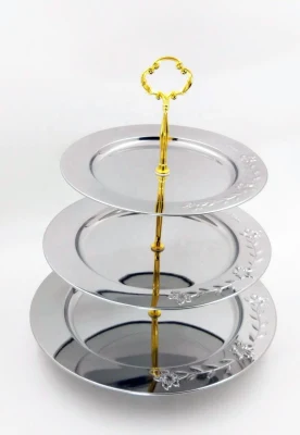 Piastra per alimenti in acciaio inox rotonda placcata oro Dessert tre Vassoio di frutta TIER piatto di torta