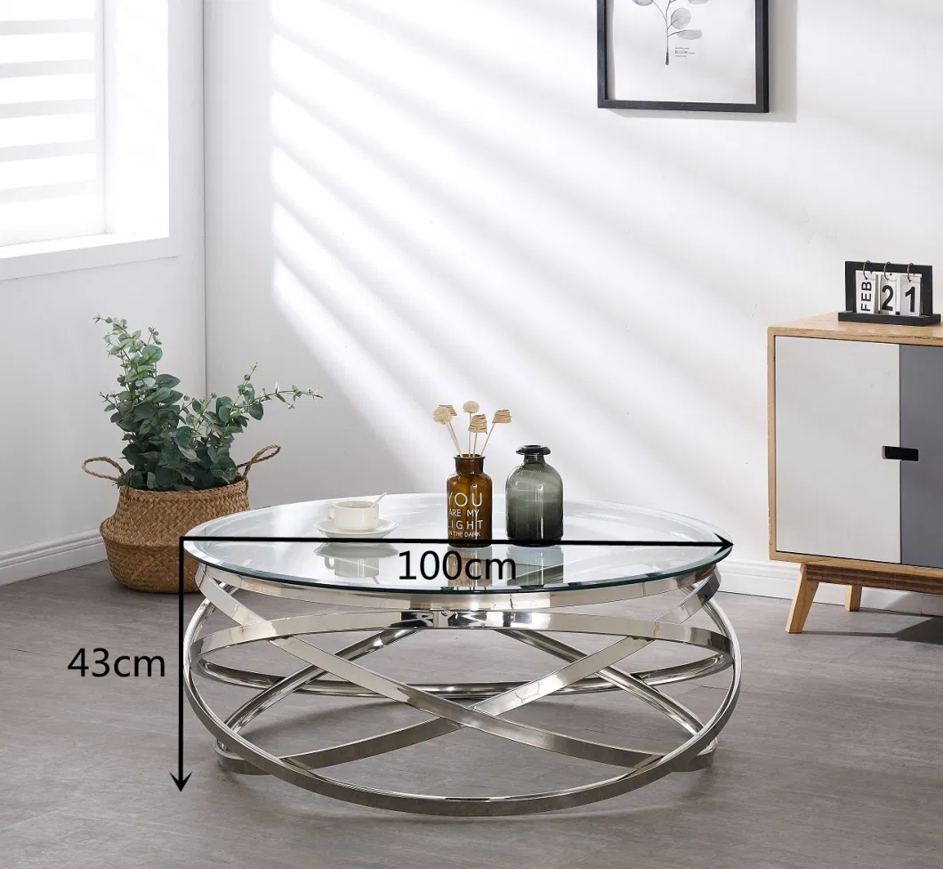 Modern Design Silver Stainless Steel with Tempered Glass Top Living Room Furniture Round Coffee Table