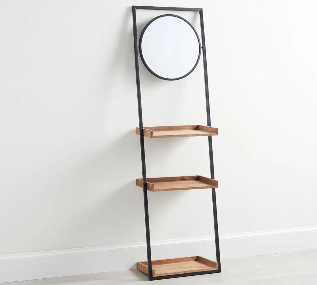 Black Metal Ladder Shelf with Round Mirror and Wooden Shelf