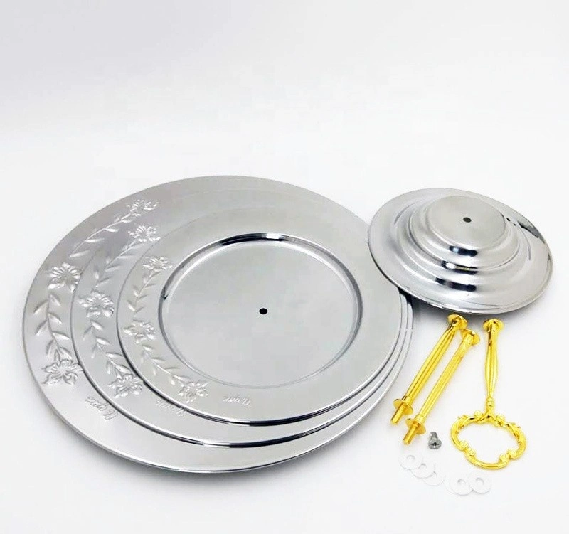 Stainless Steel Round Shape Gold Plated Dessert Food Plate Three Tier Fruit Serving Trays Cake Plate