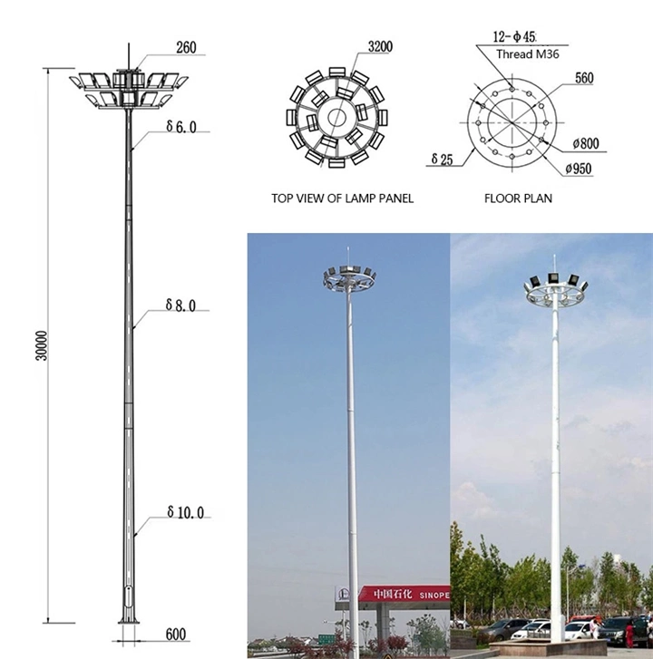 Round/Conical Polygonal Octagon Q235/345 Hot/DIP/Galvanized High Mast Light Pole