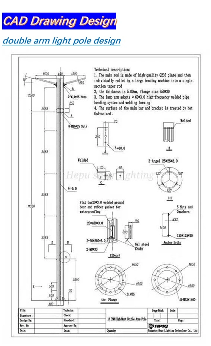 Hepu Galvanized Q235 Steel Round Conical, Polygonal High Mast Light Lighting Pole