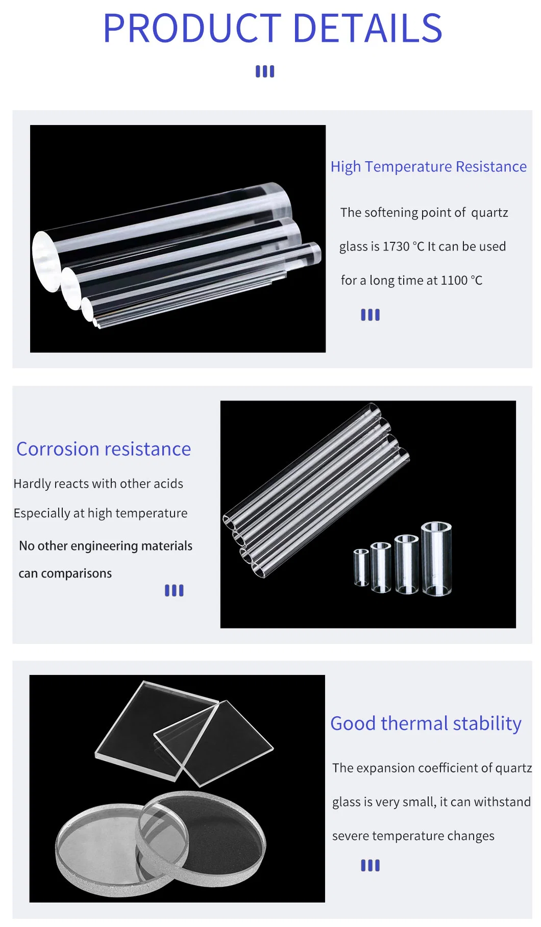 High Temperature Transparent High Purity Light Guide Rod Corrosion Resistant Guide Quartz Rod