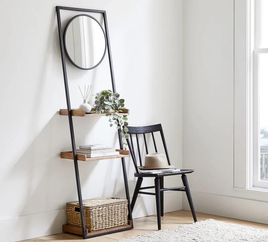 Black Metal Ladder Shelf with Round Mirror and Wooden Shelf