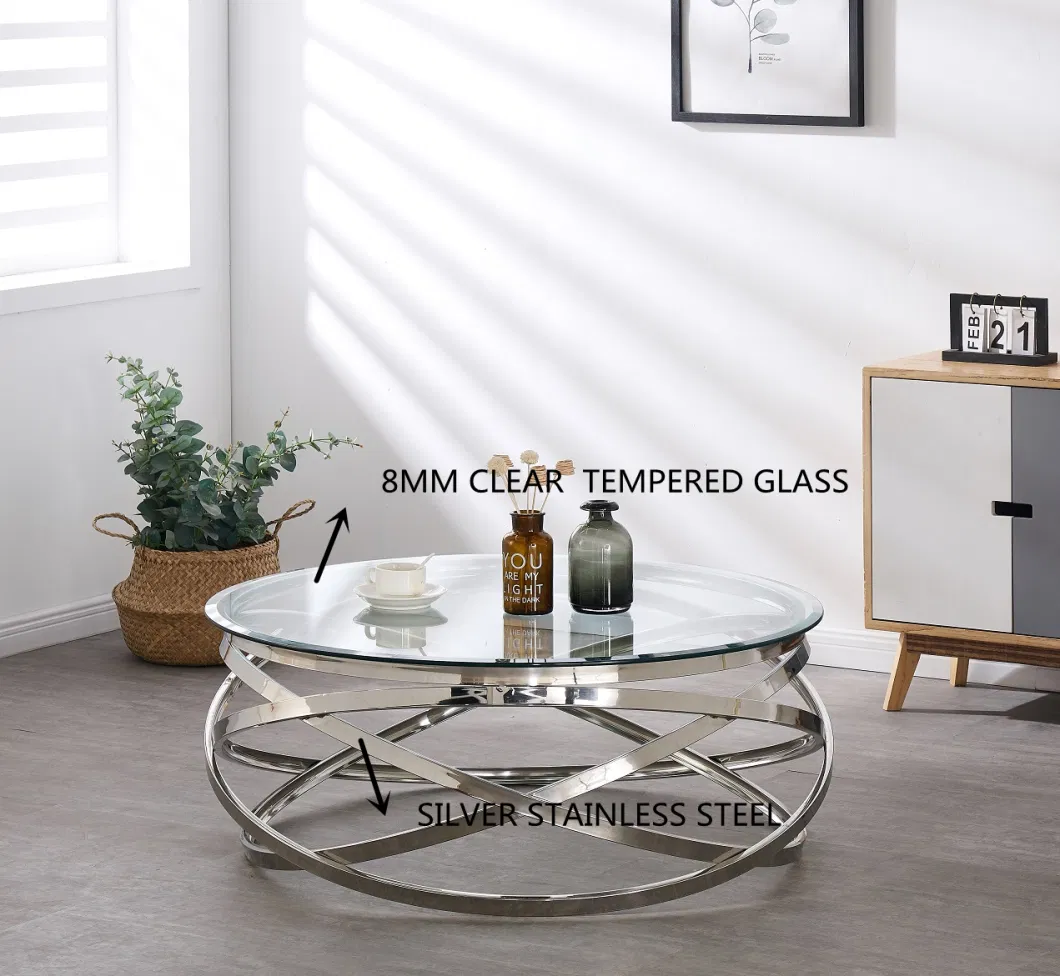 Modern Design Silver Stainless Steel with Tempered Glass Top Living Room Furniture Round Coffee Table