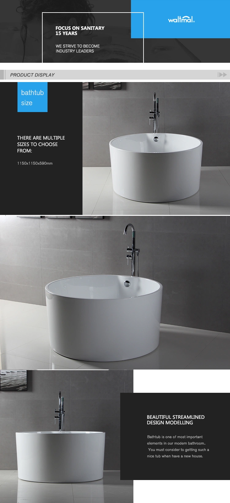 Waltmal 45 Inch Acrylic Round Small Freestanding Bathtub