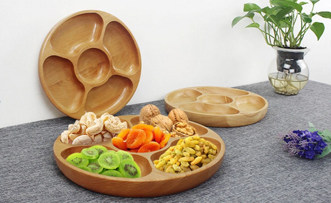 Home Kitchen Bamboo Round Plate Divided Appetizer Plate Snacks Tray