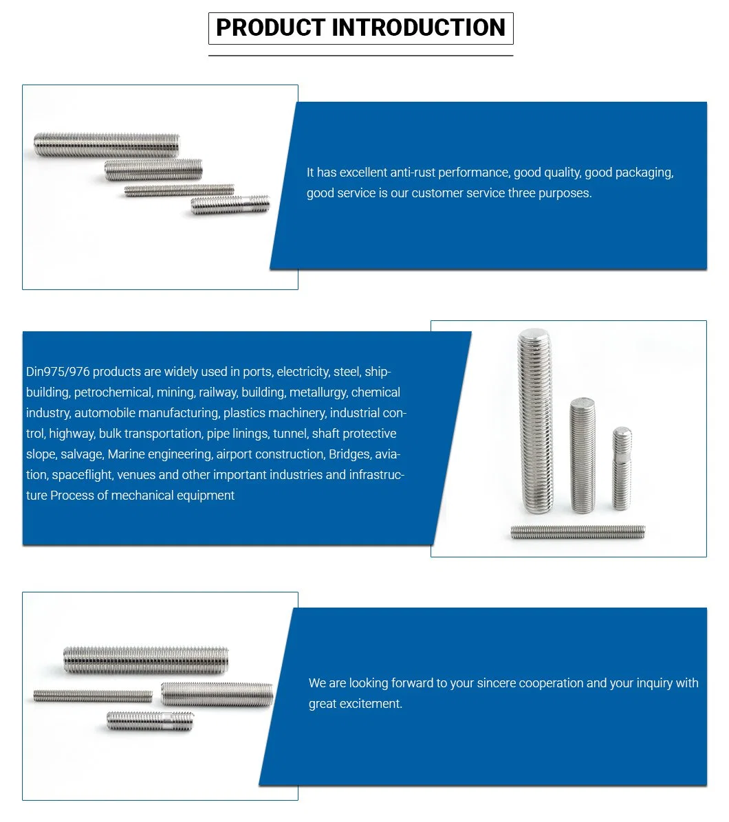 Stainless Steel Threaded Rod B8/B8m Cl2 Bar DIN975 DIN976 A2 A4 Stud Bolts