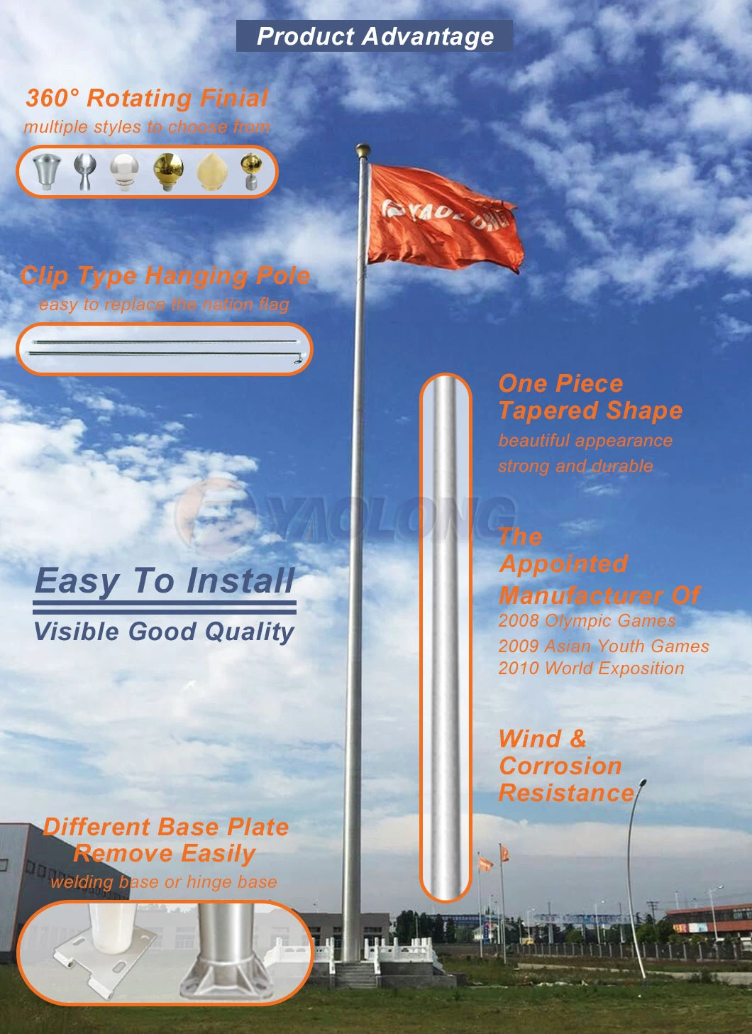 10m Manual Drive Stainless Steel Flag Pole with External Halyard