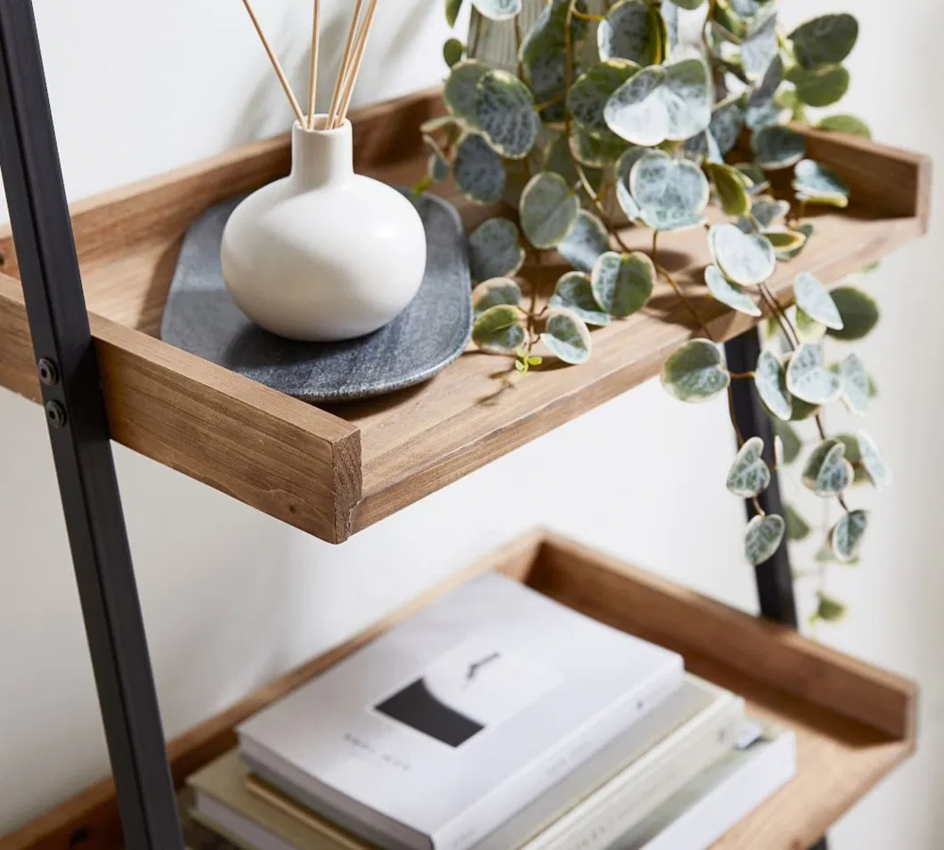 Black Metal Ladder Shelf with Round Mirror and Wooden Shelf