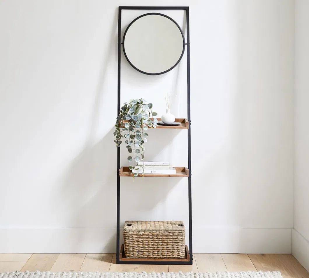 Black Metal Ladder Shelf with Round Mirror and Wooden Shelf