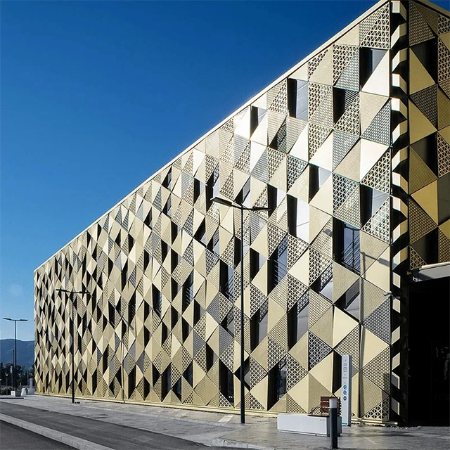 Round Hole Perforated Metal Facade with Landscape Motifs Aluminium Facades