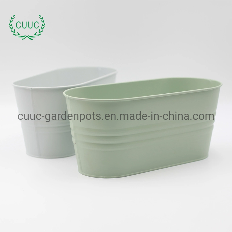 Oval Shape White and Green Color Round Zinc Metal Flower Pot Planter