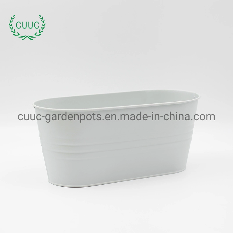 Oval Shape White and Green Color Round Zinc Metal Flower Pot Planter