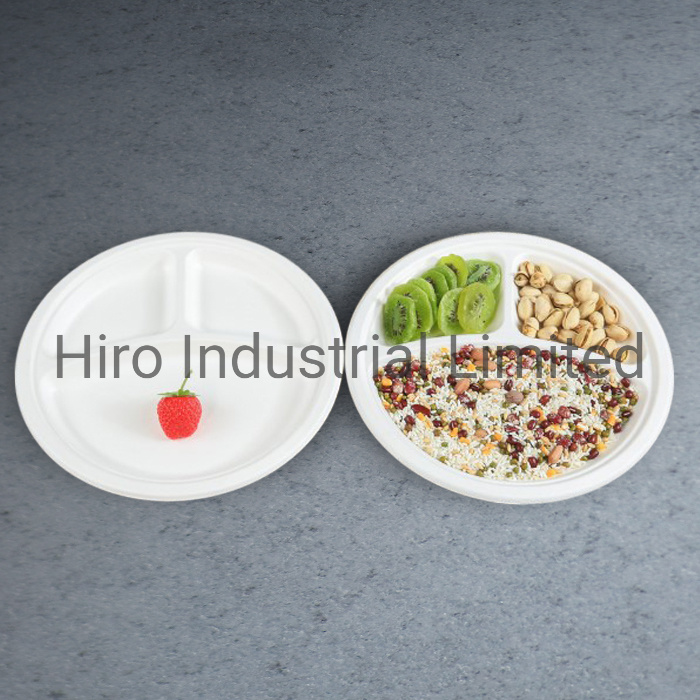 10 Inch 3-Compartment Round Bagasse Plate with Eco-Friendly Biodegradable Sugarcane