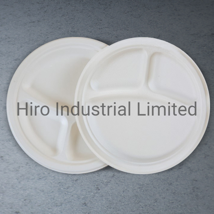 10 Inch 3-Compartment Round Bagasse Plate with Eco-Friendly Biodegradable Sugarcane