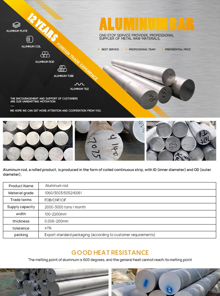 Large Diameter Aluminium Bar 1100 2024 3003 5052 5083 6061 6063 6082 T5 T6 7075 Alloy Aluminum Flat Round Rod Bar for Sale