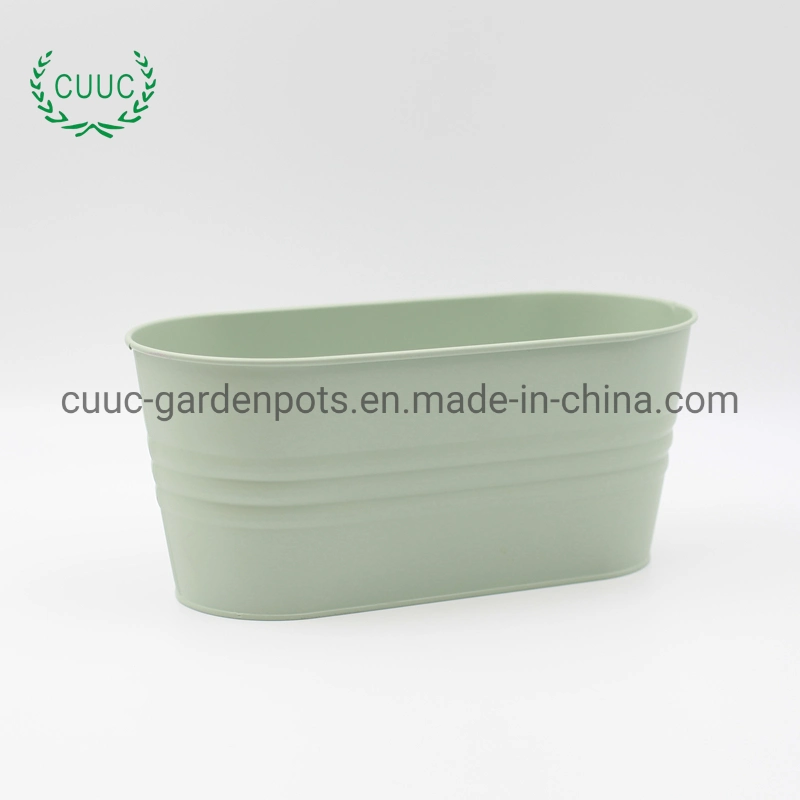 Oval Shape White and Green Color Round Zinc Metal Flower Pot Planter