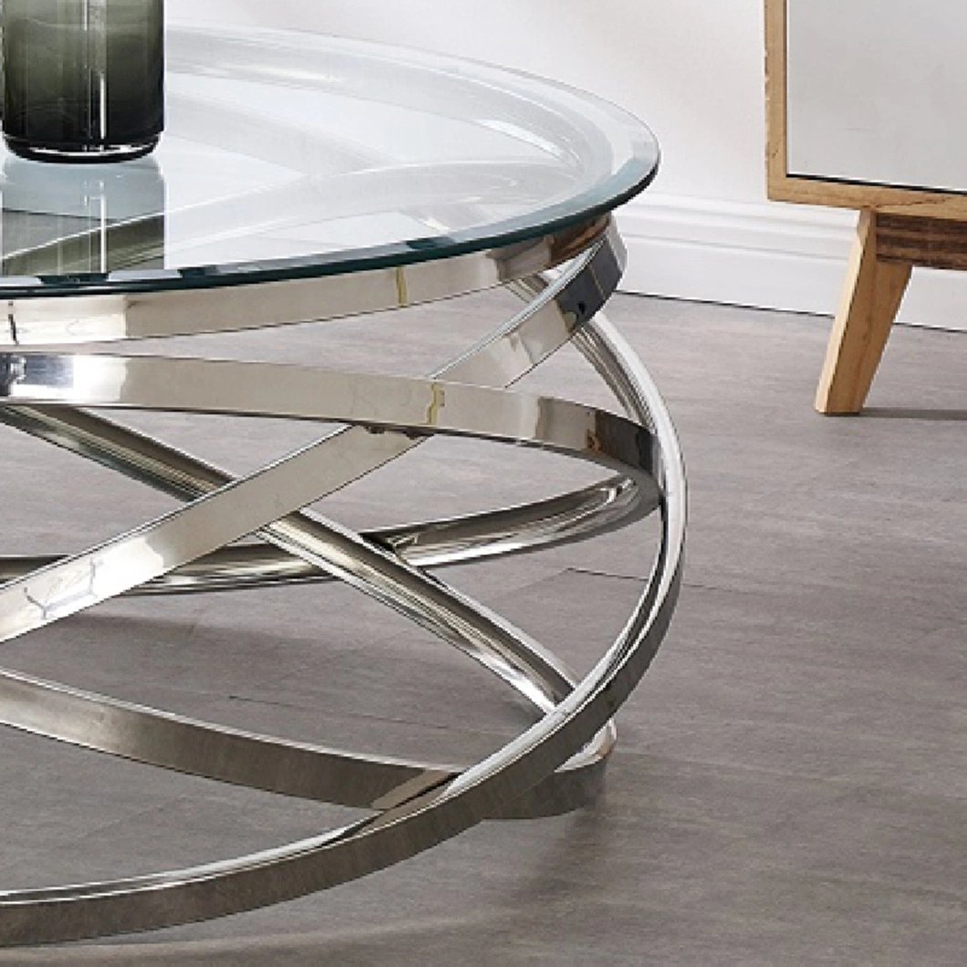 Modern Design Silver Stainless Steel with Tempered Glass Top Living Room Furniture Round Coffee Table