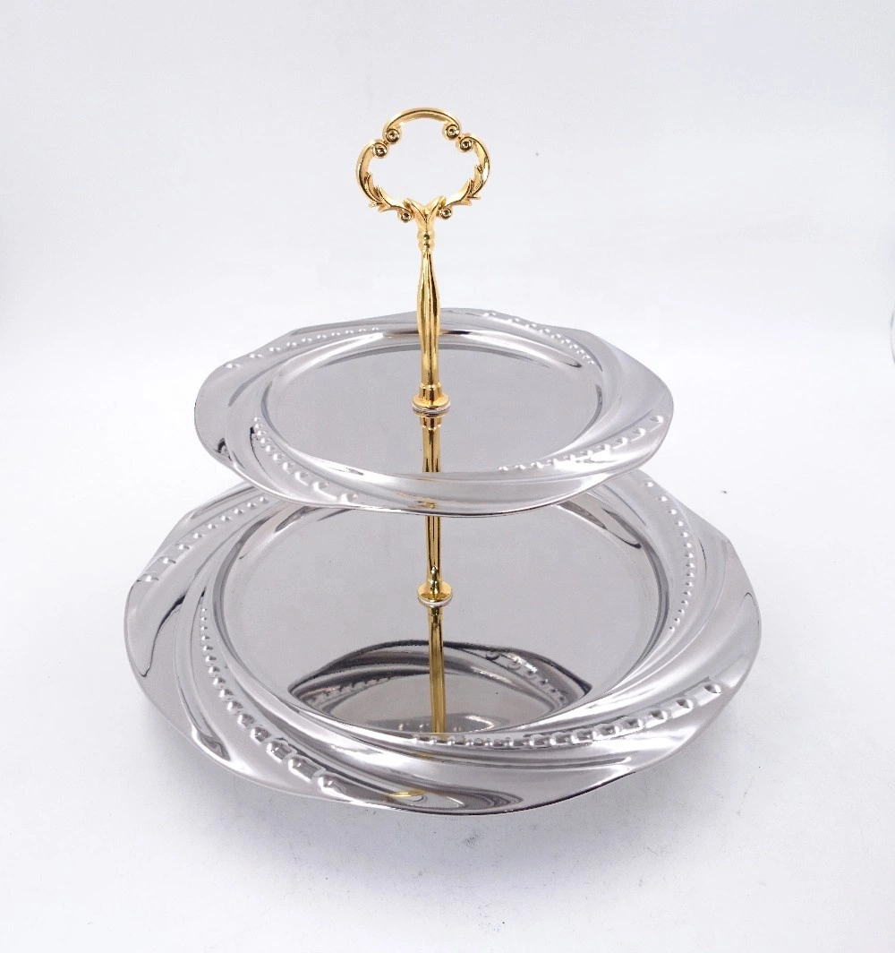 Stainless Steel Round Shape Gold Plated Dessert Food Plate Three Tier Fruit Serving Trays Cake Plate