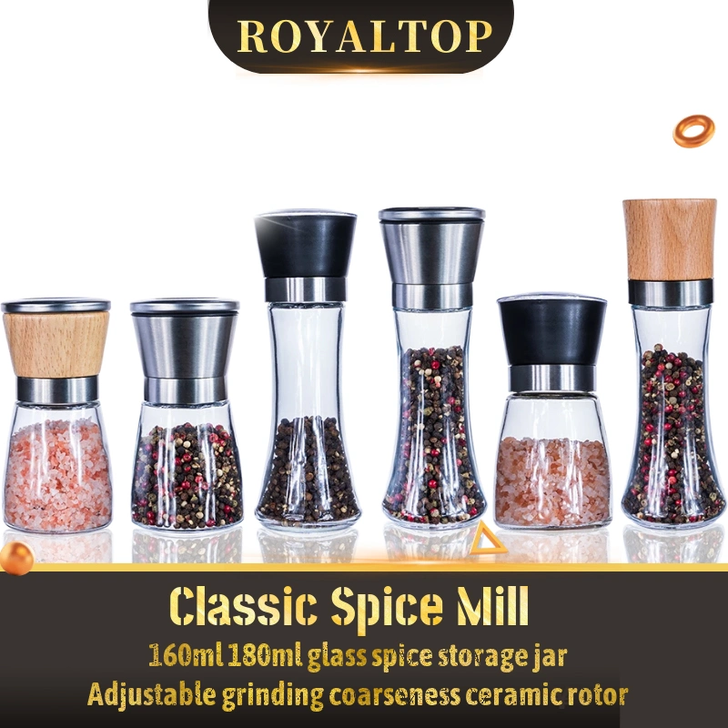 Round Stainless Steel Spice Mill Pepper Salt Grinder with Adjustable Rotary Grinding Thinckness