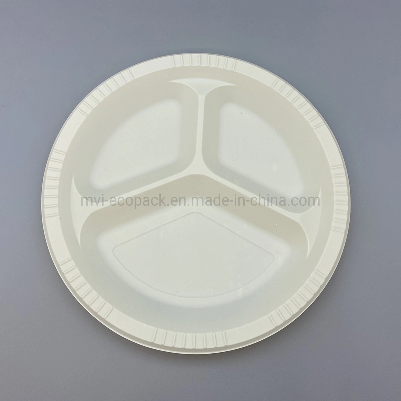 Biodegradable Disposable 10 Inch 3-COM Round Dish Corn Starch Party Plate