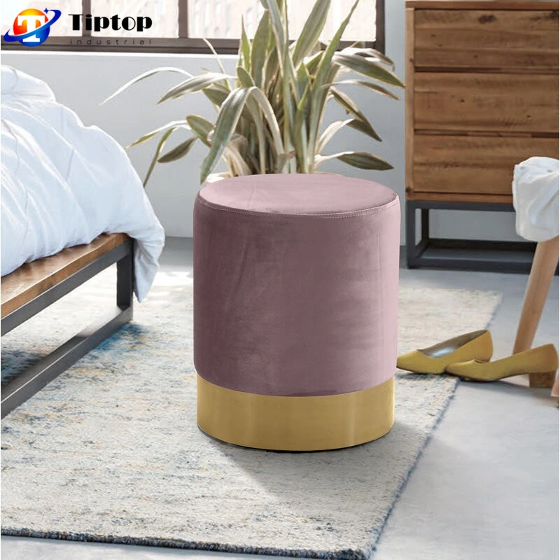 Luxury Round Ottoman Stool with Golden Brushed Stainless Steel Base