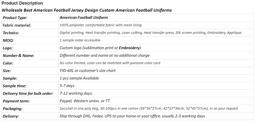 Customized H&Q Team Sportswear Football Clothing Men American Football Uniform