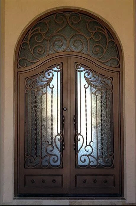 Modern and Simple Security Round Top Wrought Iron Glass Door