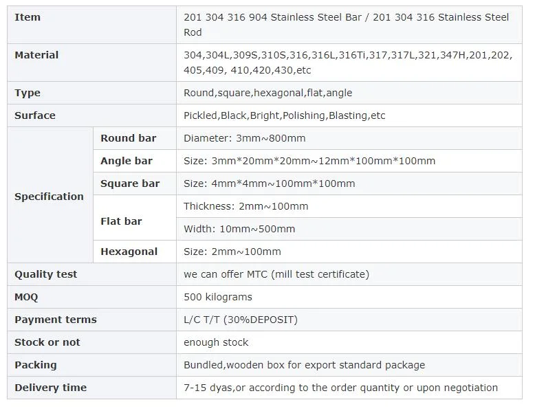 0.25 Inch Diameter Grade 201 304 Stainless Steel Bar Round Bar Square Bar Price