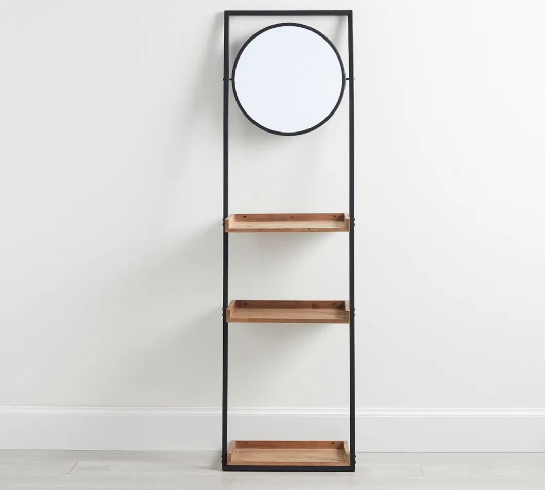 Black Metal Ladder Shelf with Round Mirror and Wooden Shelf