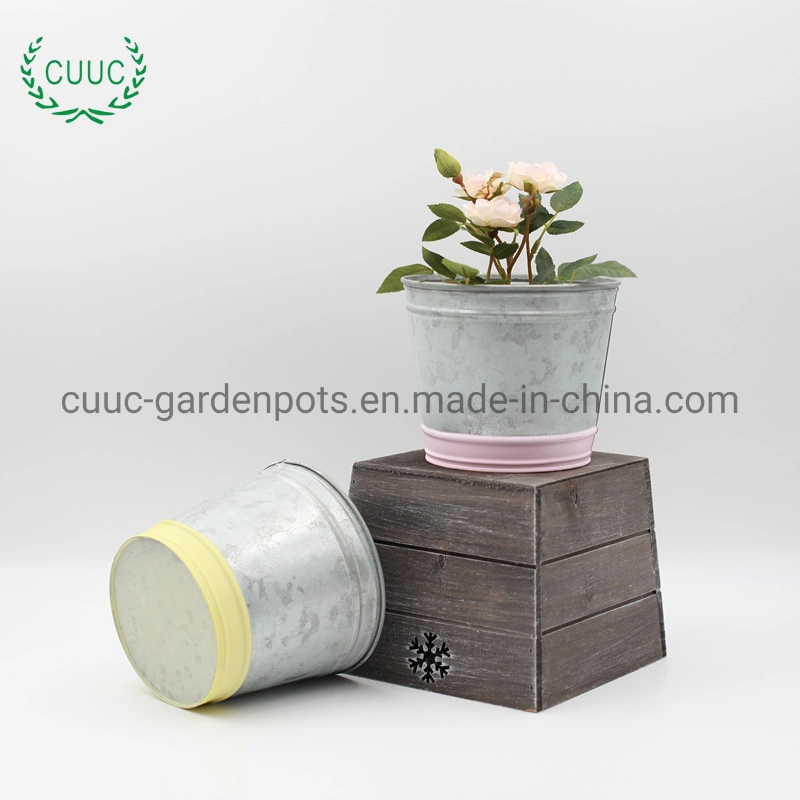 Yellow Color Round Shape Zinc Metal Flower Bucket