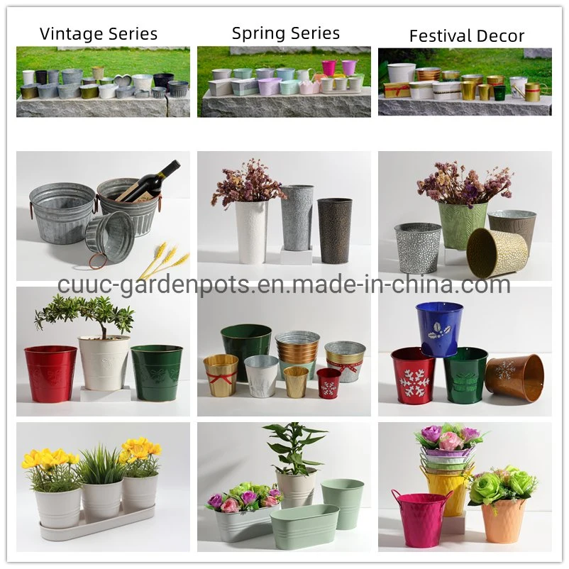 Colorful Metal Galvanized Round Green Flower Pot Planter Garden Pots for Garden Fence