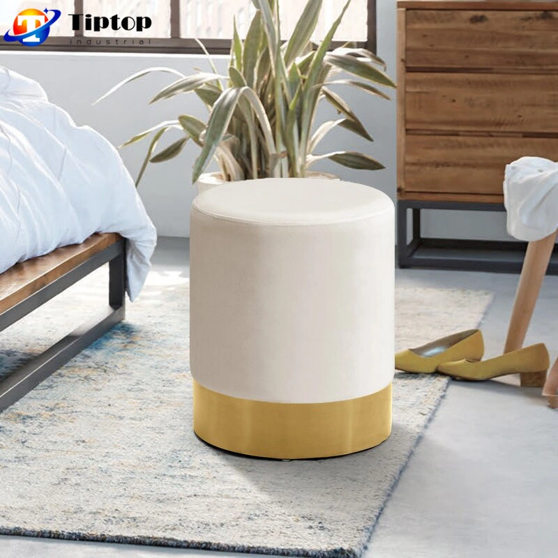 Luxury Round Ottoman Stool with Golden Brushed Stainless Steel Base