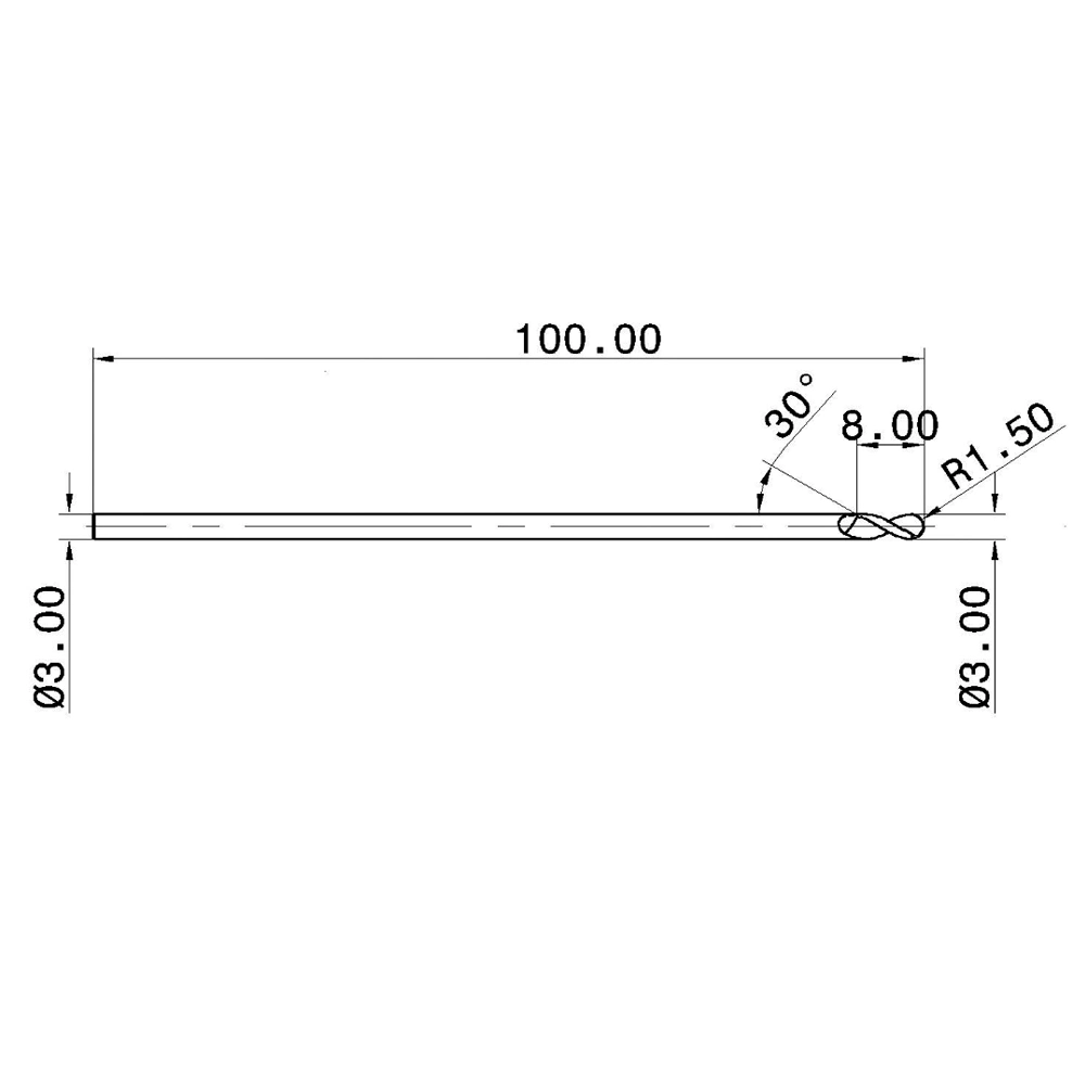 Fresa a punta tonda in carburo cementato extra lunga 65HRC a 2 flute
