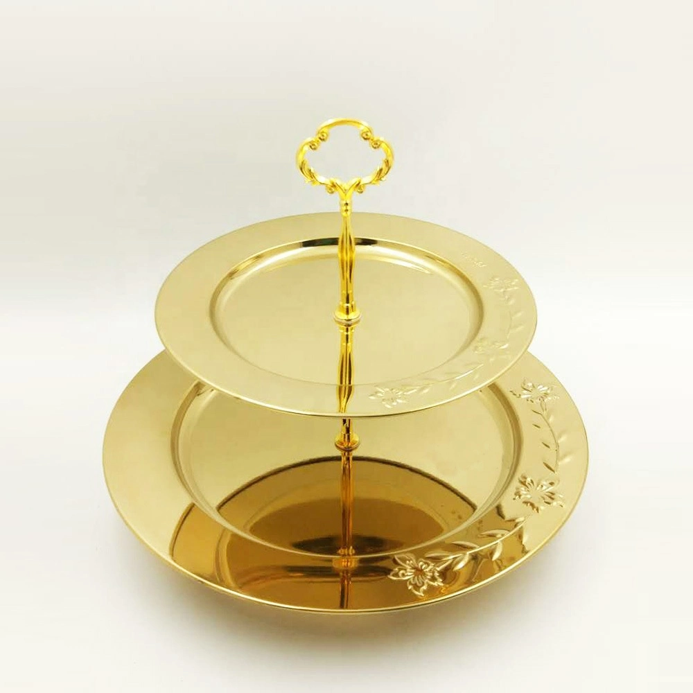 Stainless Steel Round Shape Gold Plated Dessert Food Plate Three Tier Fruit Serving Trays Cake Plate