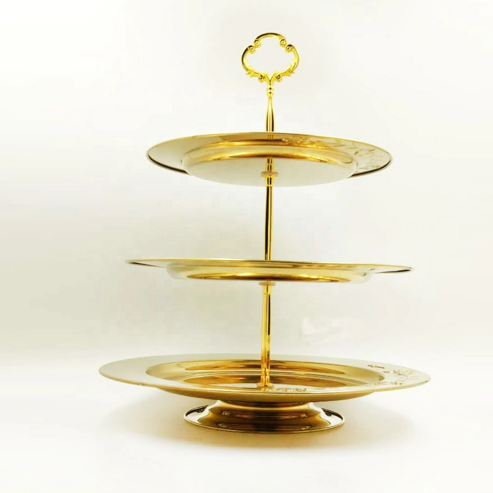 Stainless Steel Round Shape Gold Plated Dessert Food Plate Three Tier Fruit Serving Trays Cake Plate