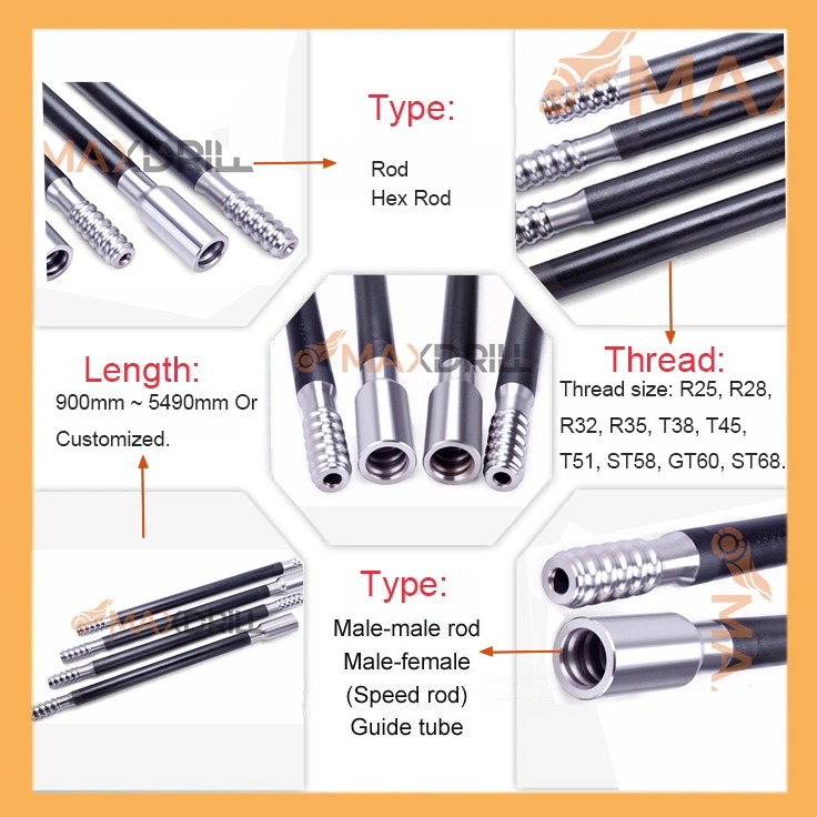 Maxdrill T38 mm Thread Hexagonal Round Extension Drill Rods High Performance