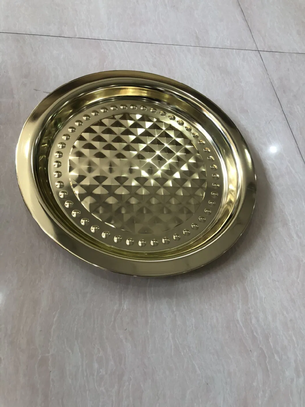 Stainless Steel Serving Tray Metal Round Food Dinner Diamond Plates Fruit