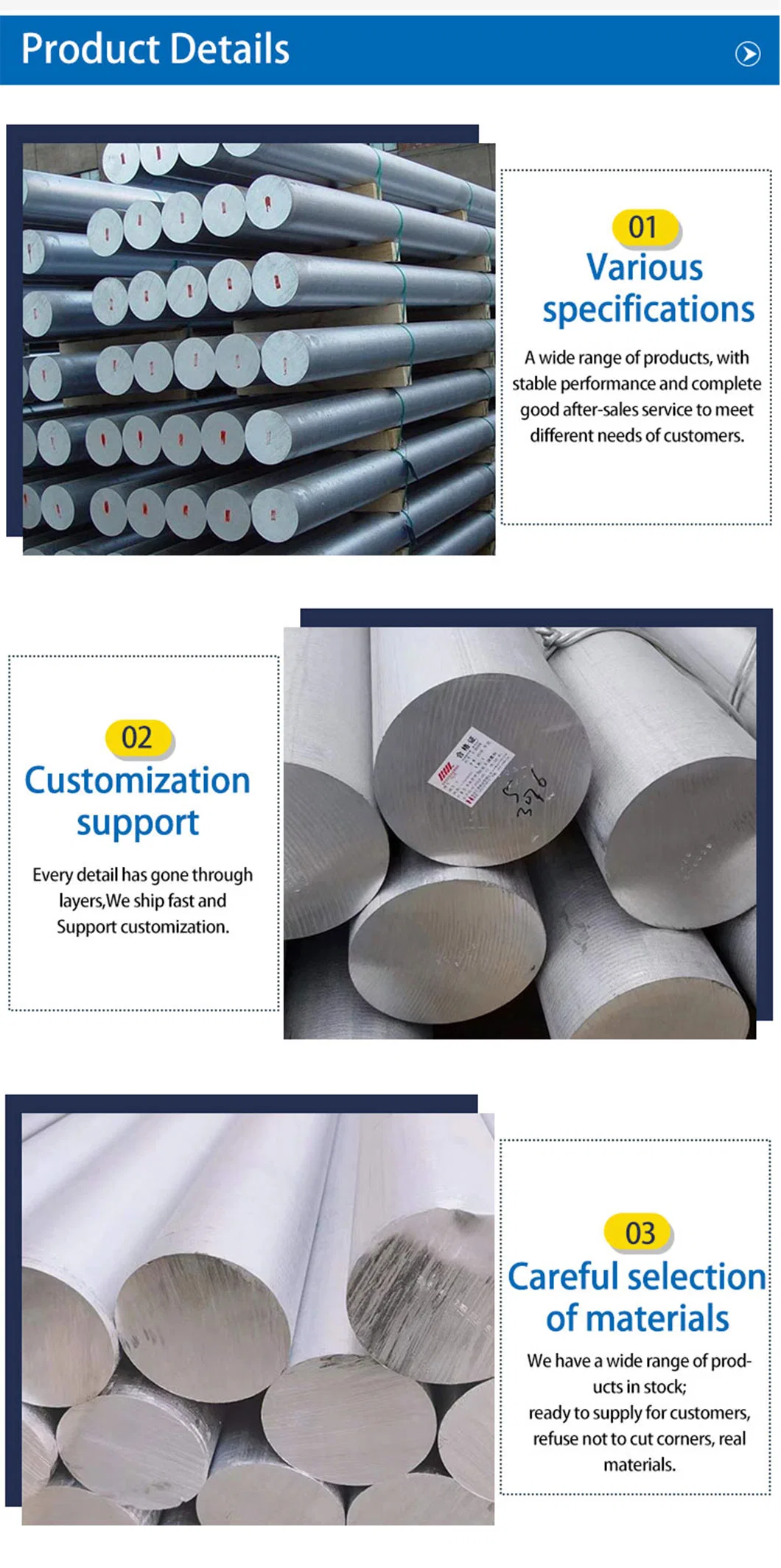 Customized Size Al Aluminum Round Rod with 1050 1100 2024 6061 6082 7075 Manufacturer