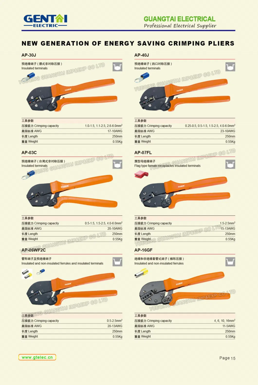 Non-Insulated Tabs and Receptacles 0.5-6mm2 Hand Crimping Pliers